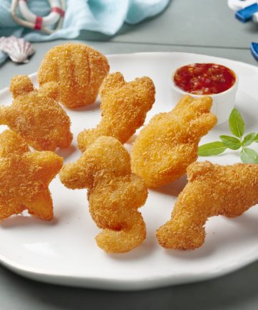 Breaded pangasius in seafood forms